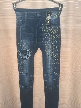 DOCELE Navy Jeggings with Gold Dot Accents